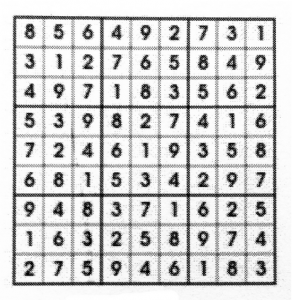 This is a picture of the answer key for the Sudoko Puzzle for the Lange Report April 2018