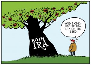 Colorized Roth IRA Cartoon for PayTaxesLater.com November 2019 Lange Report showcasing 2019 Year End Tax Letter