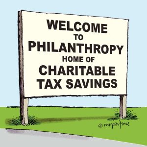 Cartoon focusing on Charitable Tax Savings for the December 2019 Lange Report