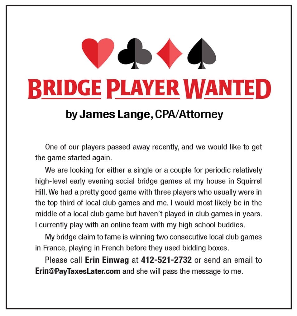 Bridge Player Wanted entire column